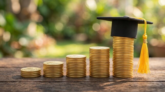Saving for graduate education through financial assistance shown by growing stacks of coins and a graduation cap.