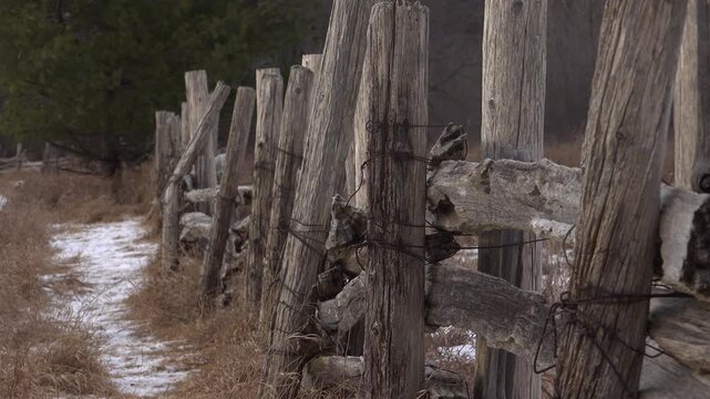 A detailed, shallow depth of field shot of an old cedar log fence, with vertical posts bound by rusted wire and weathered horizontal rails stretching off into a blurry winter landscape.