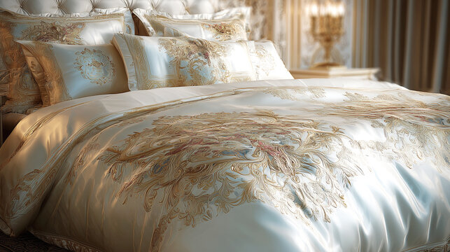 Luxury double bed with silk embroidery bedding