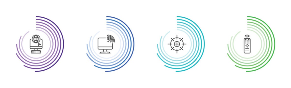 computer and tech icon set with surfing the net, wireless connectivity, calibrate, tv remote signs in flat outline style