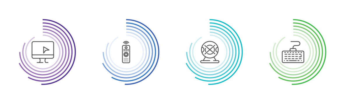 computer and tech icon set with computer monitor, tv controller, webcam disconnected, keyboard with cable signs in flat outline style
