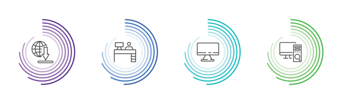computer and tech icon set with download from the net, boss office, televisions, pc with monitor signs in flat outline style