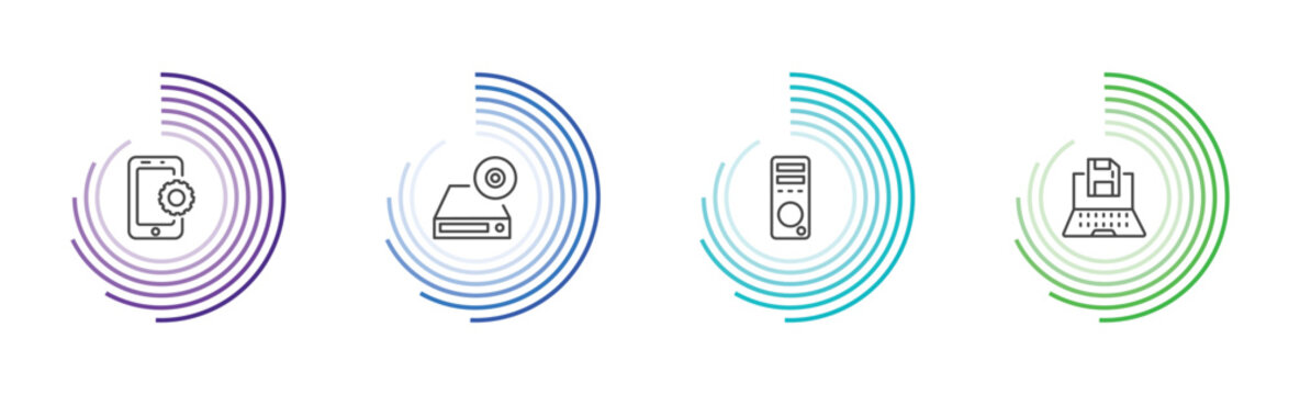 computer and tech icon set with tablet data tings, dvd drive, pc tower, save file signs in flat outline style