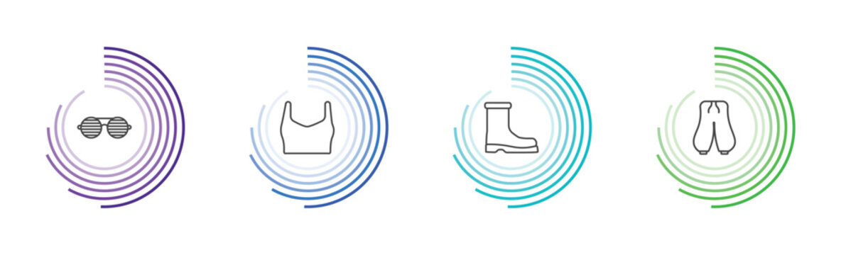clothes and outfit icon set with shutter sunglasses, draped top, wool boots, harem pants signs in flat outline style