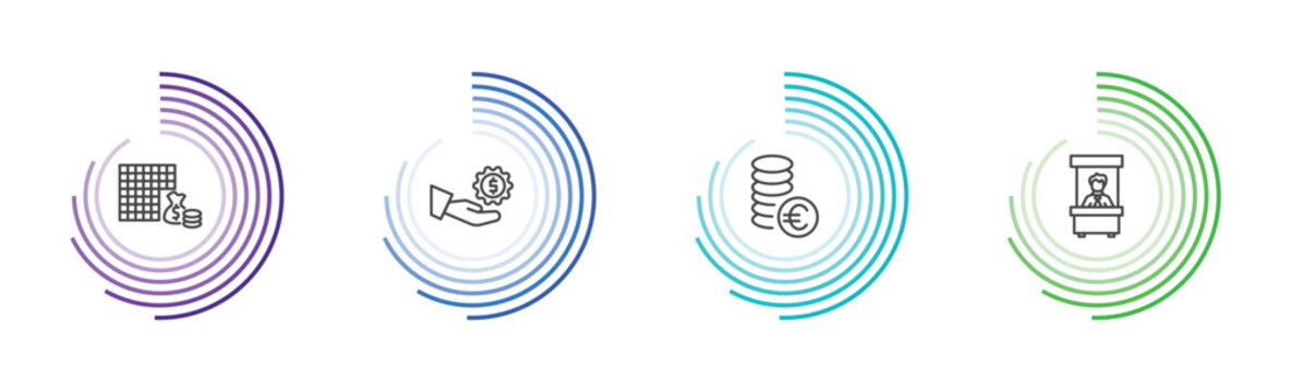 business and finance icon set with economy games, hand with money gear, euro coins stack, bank teller signs in flat outline style