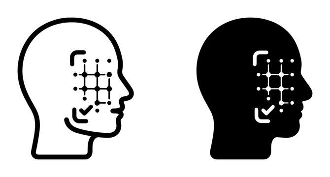 Facial Recognition Technology Icons, Biometric Identification System, Face Scan Security, Digital Identity Verification, Human Profile Analysis, Technology Vector Graphics