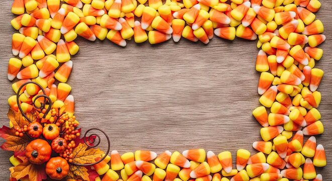 Festive border of candy corn on rustic wooden background.