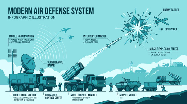 Modern Air Defense System Infographic Vector Illustration with Mobile Radar Station and Missile Launcher Intercepting Enemy Target