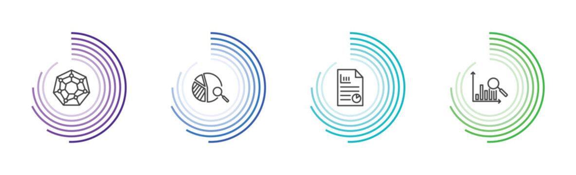 business and analytics icon set with radar chart, data analysis pie chart, business plan, bars chart analysis signs in flat outline style