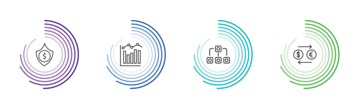 business icon set with dollar money protection, measuring success, data analytics flow, currency exchange signs in flat outline style