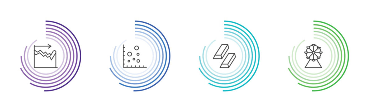 business and finance icon set with dual chart, scatter chart, ingot, ferris wheels signs in flat outline style