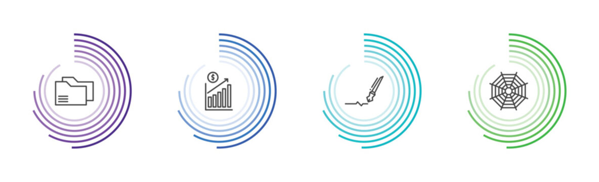 business and finance icon set with two folders, profit chart, , spider chart signs in flat outline style