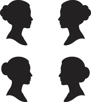 Four black silhouettes of women with buns facing right on white vector file