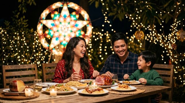 A joyful Filipino family gathering during Christmas with a glowing parol star.
