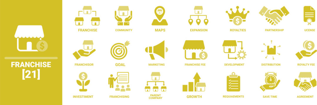 Flat yellow icons for franchise business, showing concepts of market expansion, investment, partnership, branding, growth, and entrepreneurship