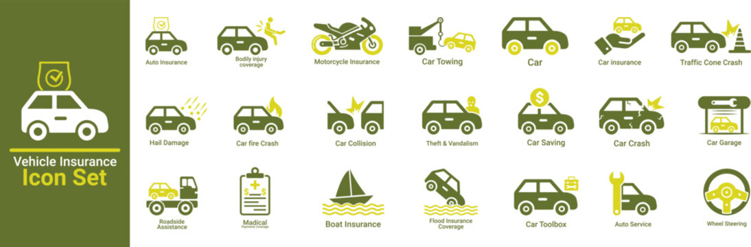 Essential Vector Icon Set for Vehicle Insurance, Automotive Services, and Roadside Assistance &ndash; Modern Graphic Collection for Car Protection and Maintenance