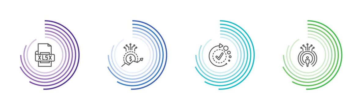 artificial intellegence icon set with xlsx, value, availability, telepresence signs in flat outline style