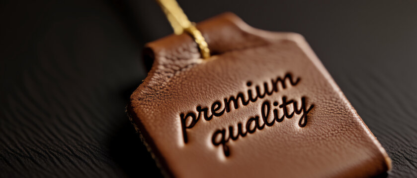 A close-up shot of a textured brown leather tag embossed with the words "premium quality" in a cursive font, attached to a gold string against a dark background.