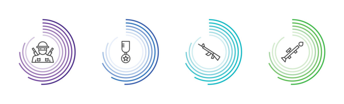 military and war and icon set with infantry, in, automatic gun, launcher signs in flat outline style