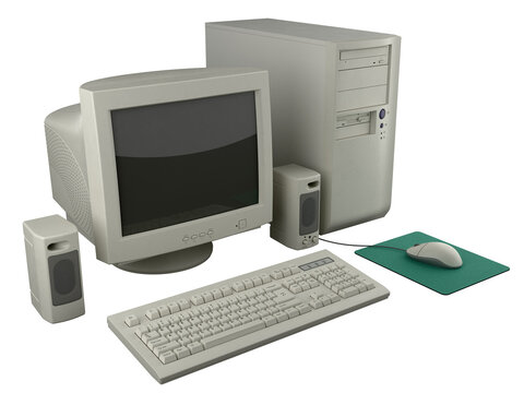 Retro 90s desktop computer setup with CRT monitor, tower case, keyboard, mouse and speakers, half turn view