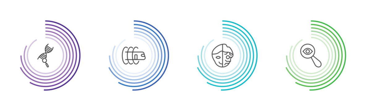 ai and future technology icon set with genetic modification, hyperloop, cyborg, detection signs in flat outline style