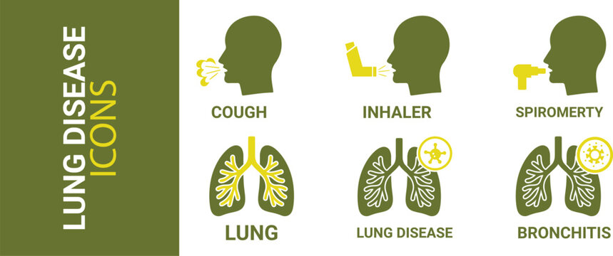 Visual collection of vector icons detailing lung disease symptoms, respiratory conditions, and diagnostic procedures. Perfect for health education on conditions like bronchitis and asthma