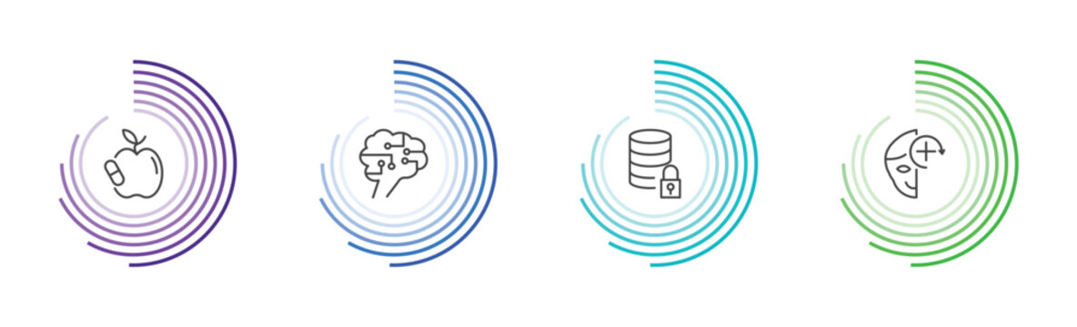 ai and future technology icon set with synthetic food, future brain, secure data, deformity signs in flat outline style