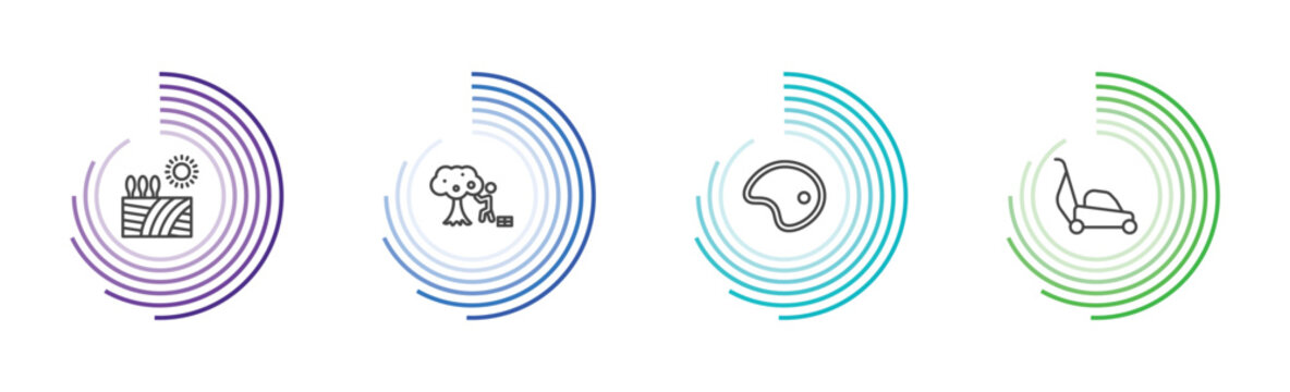 agriculture and farm icon set with farm field, self-sufficient, meat, lawnmower signs in flat outline style