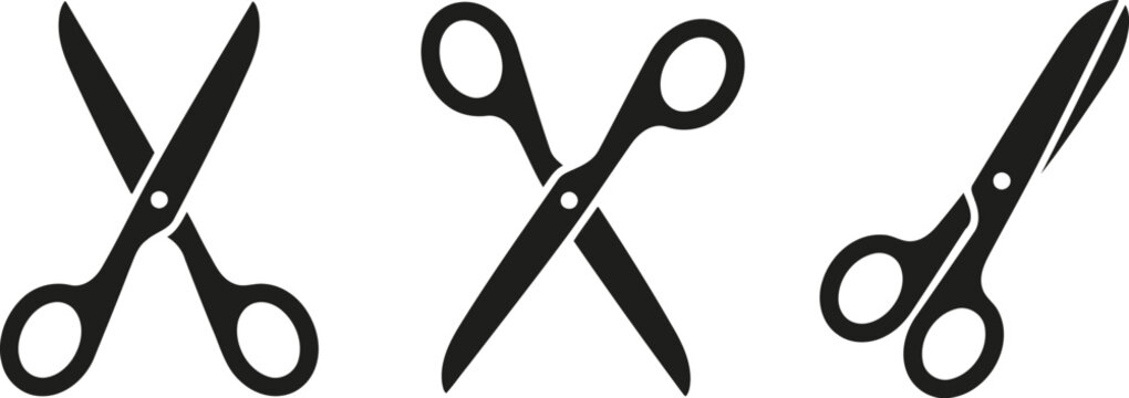 Scissor icons: three different styles of scissors with scissors implement stationery illustration