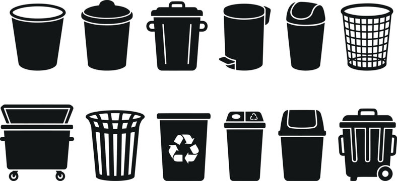 Trash can icons: variety of waste bins and garbage cans with container receptacle disposal