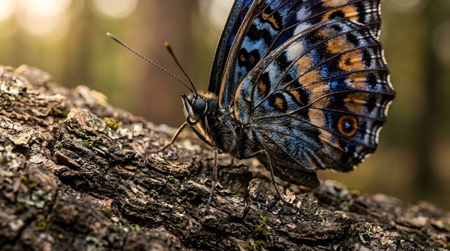 Close up of a purple emperor butterfly resting on textured tree bark in a natural forest environment
