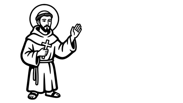Line art of a Catholic monk holding a cross, isolated on a transparent background. Perfect for religious education.