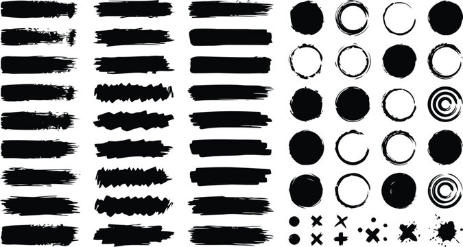 Collection of black grunge brush strokes and circles with distressed splatter circular abstract