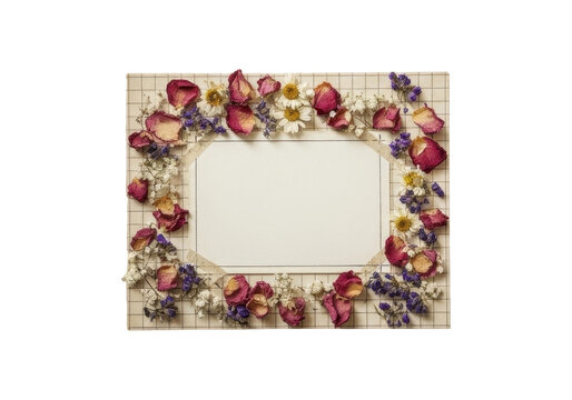 Vintage squared paper with dried rose petals and chamomile flower frame around blank white card isolated on transparent background, concept of romantic scrapbooking
