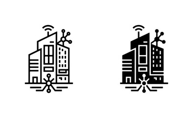 Naklejka premium Modern Smart City Icons, Urban Technology Buildings, Connected Architecture Vector Graphics, Digital Infrastructure Symbols