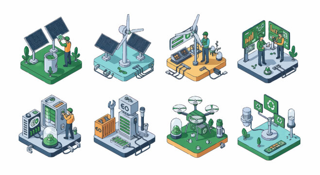 Isometric Illustrations of Renewable Energy and Technological Advancements.
