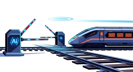 Modern High Speed Train Approaching Railway Crossing With Automated Barriers. © Doni