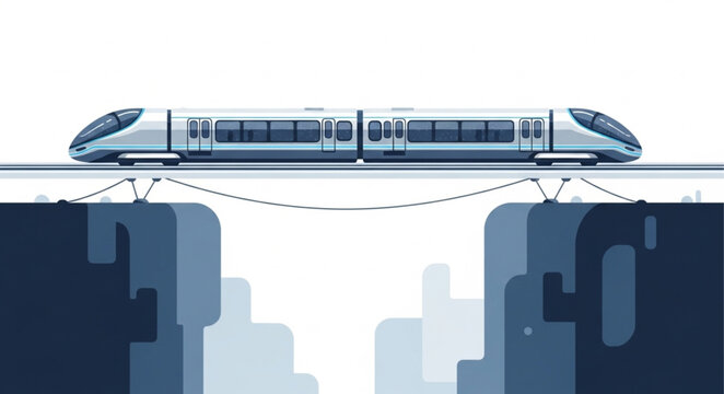 Modern high speed train crossing a gap on a futuristic bridge.