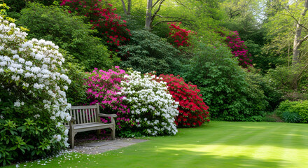 Obraz premium Beautiful garden with flowers in a park landscape with trees, grass, and blooming spring nature