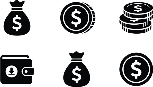 Financial icons including money bags coins stack of coins wallet with download arrow, download
