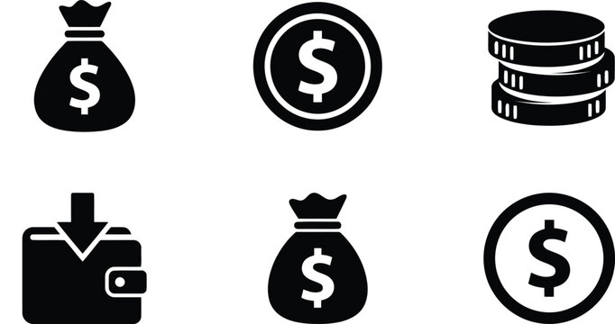 Set of money icons with dollar signs on money bags coins stacked coins a wallet currency commerce