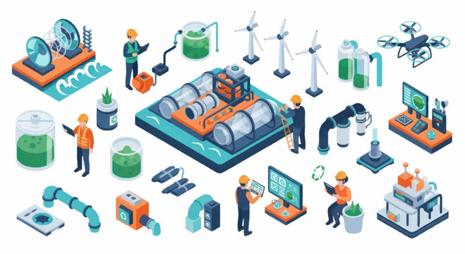 Isometric illustration of renewable energy sources and sustainable technologies.