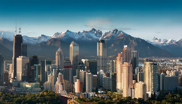 a city s skyline with a backdrop of mountains