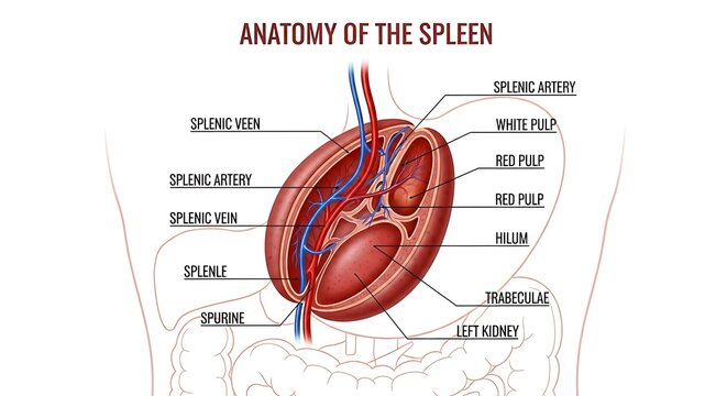 Detailed anatomical diagram of the human spleen.