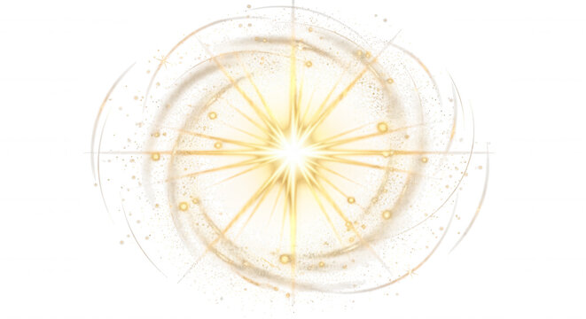 A glowing golden spiral galaxy effect with a bright central star, radiating light beams, sparkling particles, and curved light trails on black