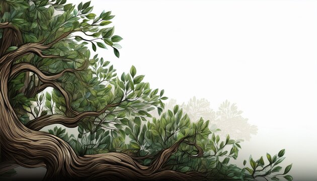 big tree foreground foliage leaves on corner border on white background