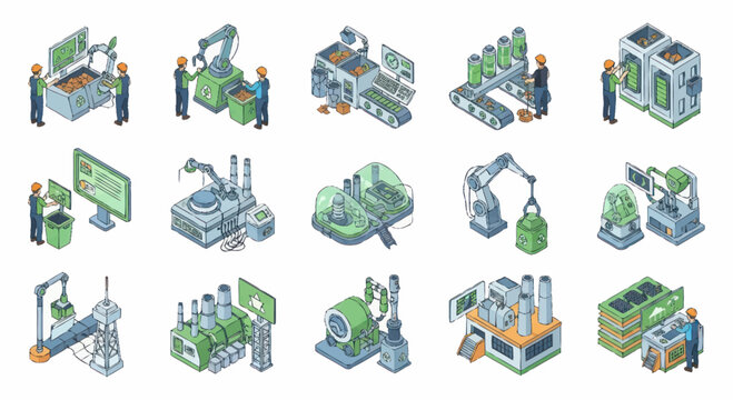 Isometric Industrial Machinery and Workers in Production Line.