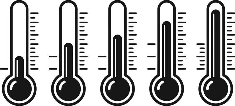 Group of five thermometers showing different temperature levels vector illustration with thermometer