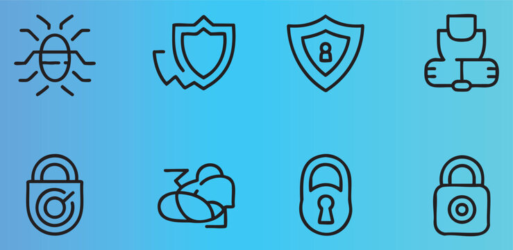Modern cybersecurity and digital protection icons set with shields locks and data symbols