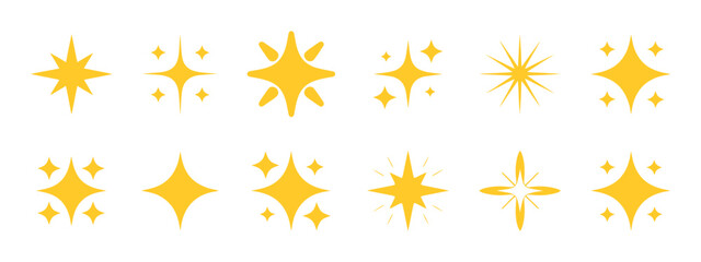 Doodle glitter twinkle star icons set. Yellow hand drawn shine star burst symbol. Sketch magic blink collection. Doodle spark shape icon set. Vector illustration on transparent background © AYAT 01